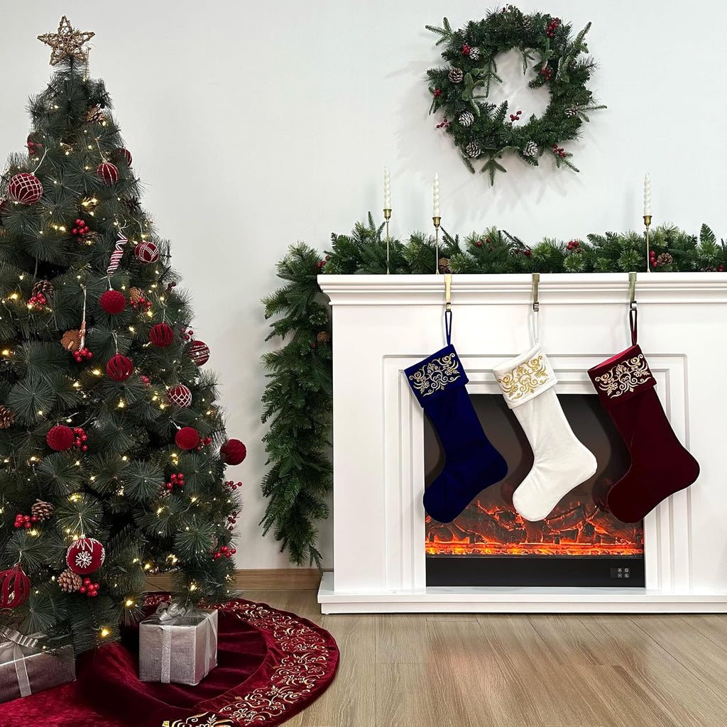 Set of 3 Velvet Christmas Stockings with Gold Damask Embroidery and Microfiber Lining, Oversized 24-Inch Cuff-to-Toe
