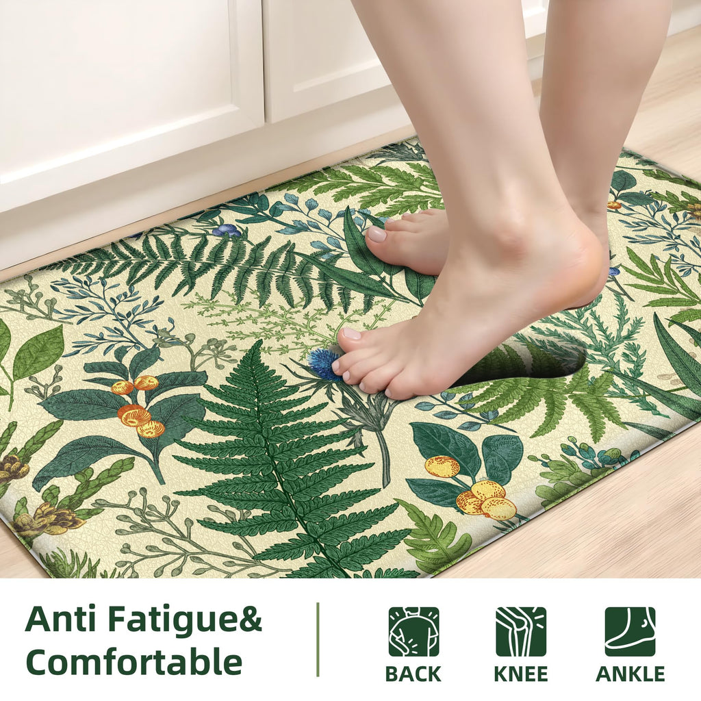 2PC Botanical Kitchen Rugs Set, Beige Green, 17.3"x28" + 17.3"x47"