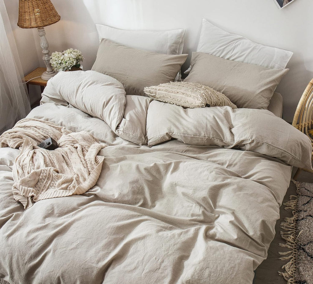 Bedding Duvet Cover Set 100% Washed Cotton Linen Like Textured Breathable Durable Soft Comfy (Heathered Tannish Linen