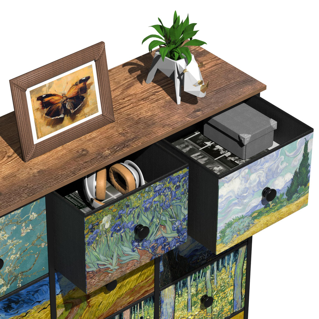 Large Chest of Drawers 15 Drawer Dresser Van Gogh Tall Fabric Dresser Living Room Entryway Closet with Sturdy Metal