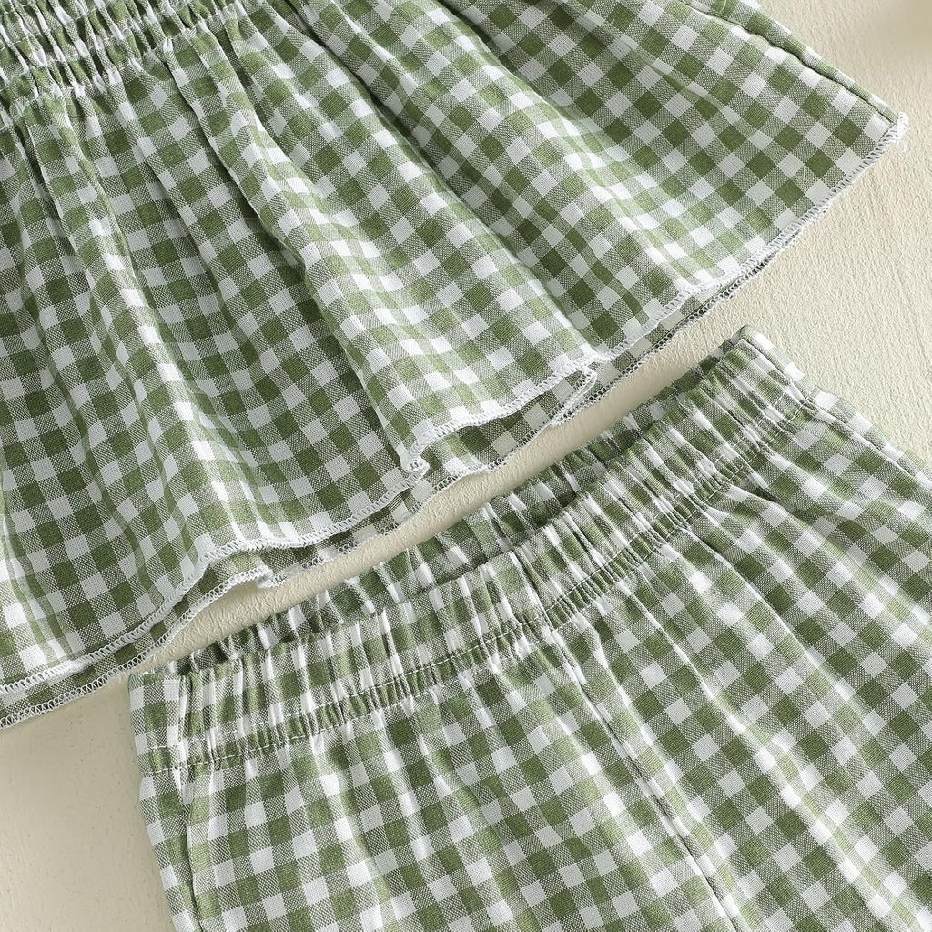 Toddler Girl Summer Outfits Plaid Baby Dress Smocked Ruffle Strap Cami Tops Pants 2 Pcs Set