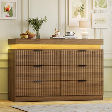 Fluted 6 Drawer Dresser with LED Lights & Charging Station, Walnut