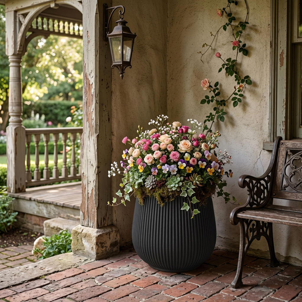 16" Pear-Shaped Fluted Outdoor Planter, Black, Modern Round Plant Pot