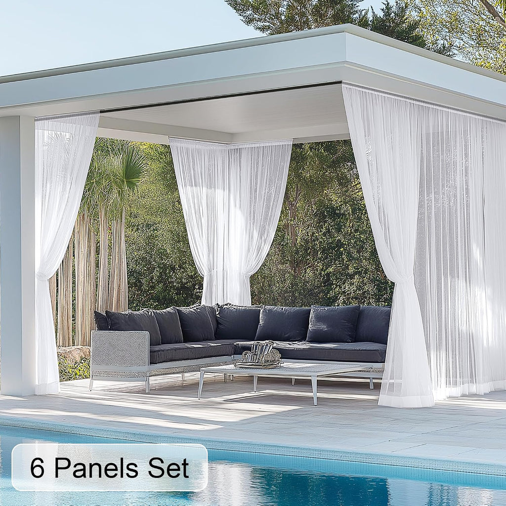 6 Panels White Sheer Outdoor Curtains Waterproof | Light Filtering, Airy Voile, Outside Drapes Rod Pocket Drapes for