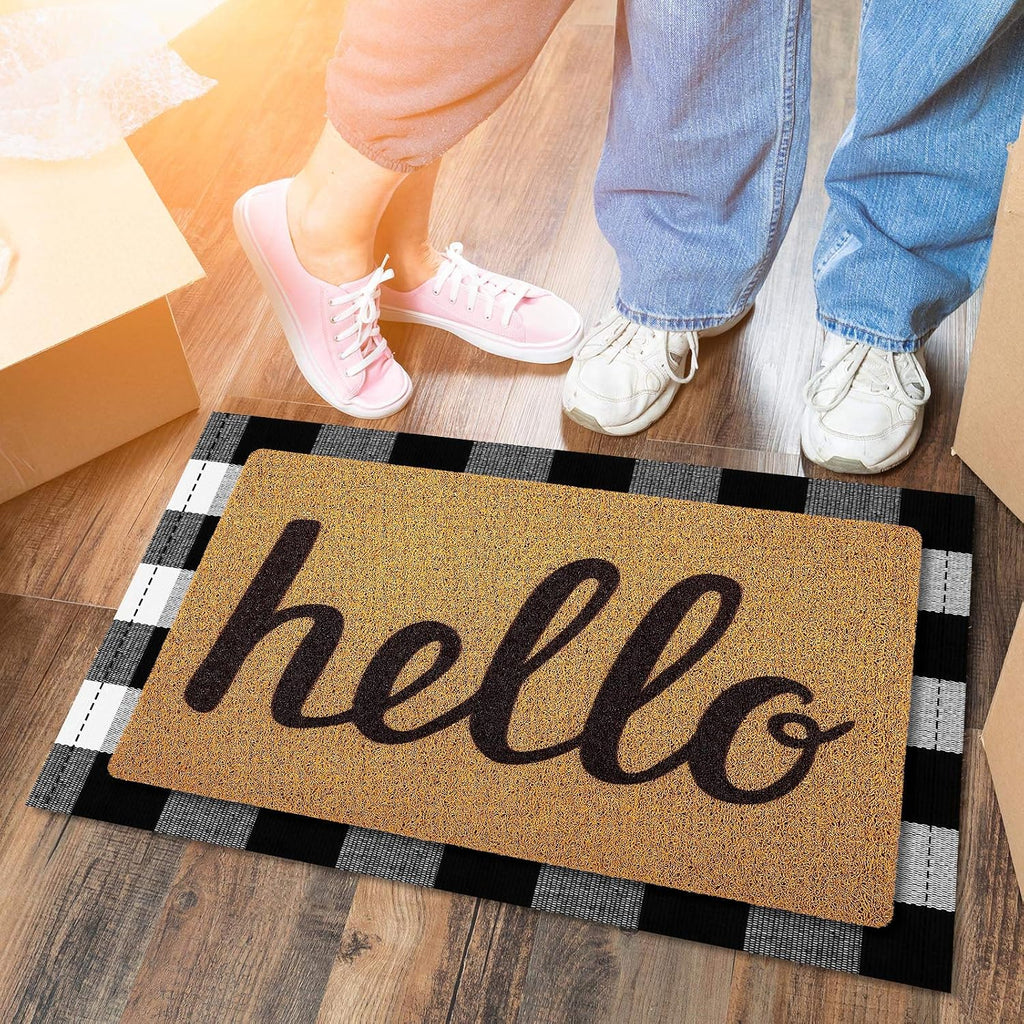 2 Pcs 24'' x 35.5'' Buffalo Plaid Checkered Rug with 18'' x 30'' Hello Doormat, Rubber Non Slip Front Door Mat
