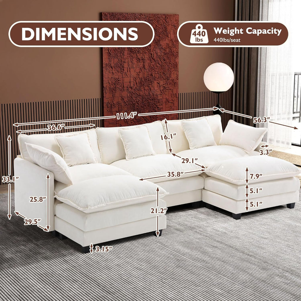 111.4" U Shaped Cloud Couch Modern Modular Sectional Sofa with 2 Ottoman, 5-Seat Chenille Deep Seat Sofa with 5
