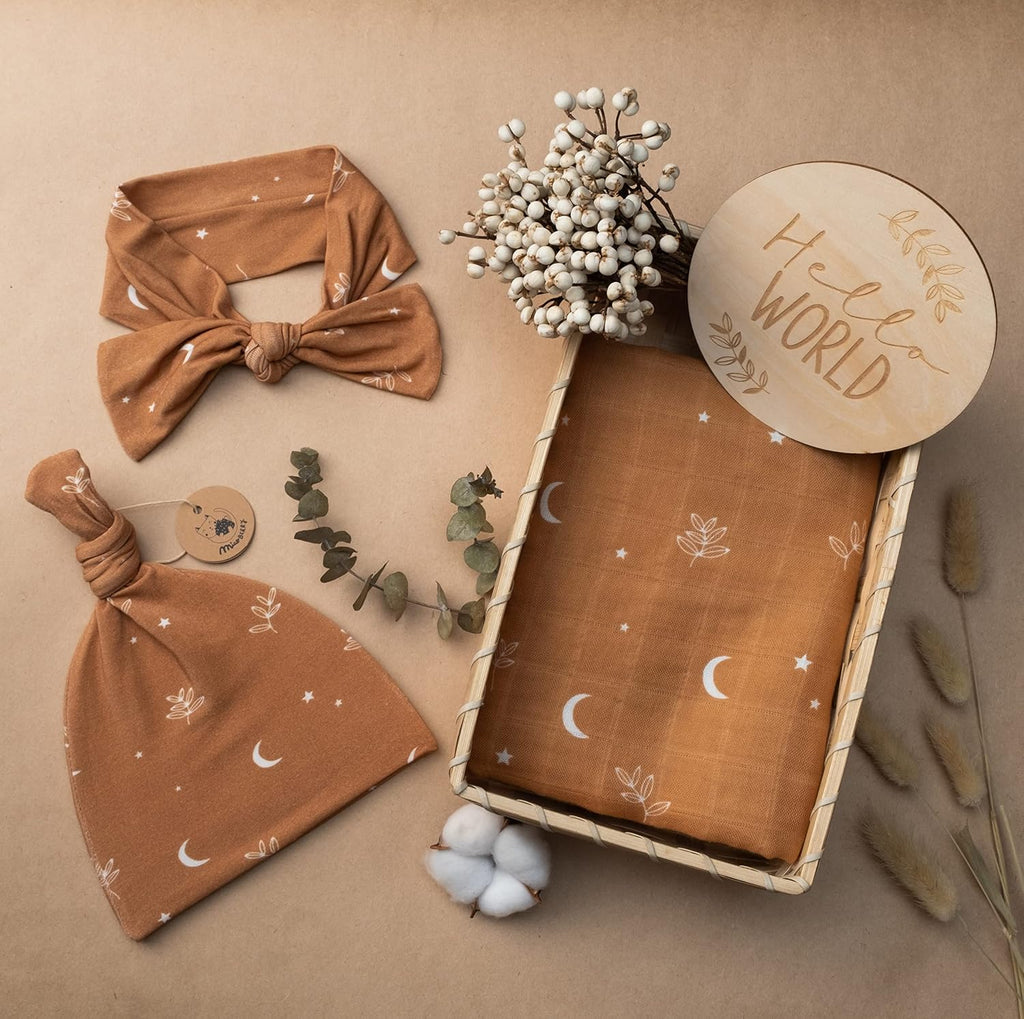 100% Organic Cotton Baby Muslin Swaddle Blanket Set| Burnt Orange Boho Moon| Gender Neutral for Boys Girls|Moon Leaf