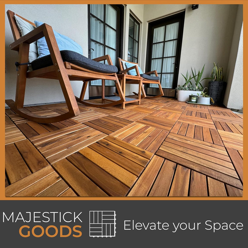 Interlocking Long Slat Deck Tiles, Acacia Wood Interlocking Deck Tiles - Easy Installation for Patio Flooring &