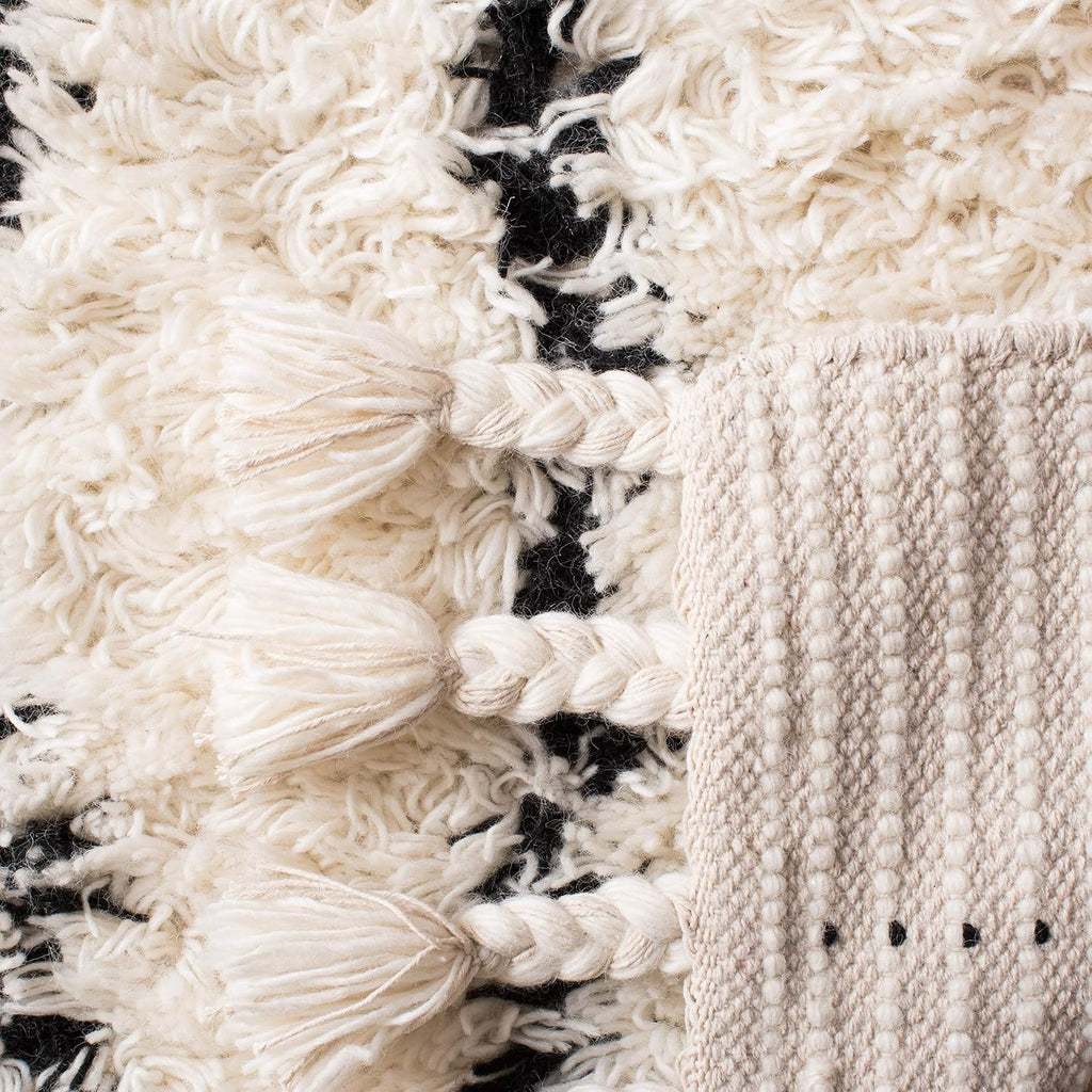 Casablanca Collection Area Rug, Black & Ivory, Handmade Moroccan Boho Tassel Wool, 1.4-inch Thick Ideal for