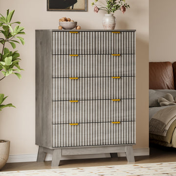 46" Tall, 6-Drawer Fluted Chest of Drawers, Modern Wood Highboy with Deep Storage, Metal Slides and Handles