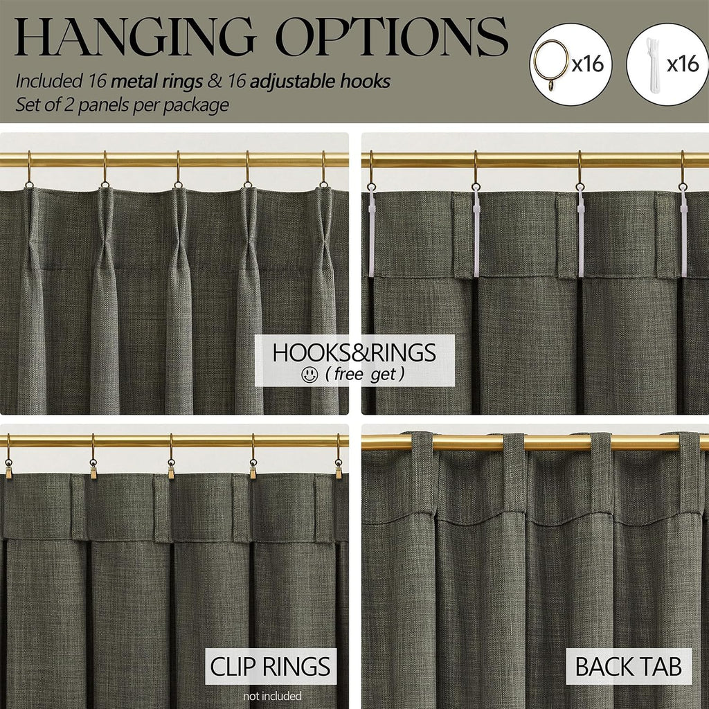 Pinch Pleated Linen Curtains 96 Inches Extra Long Olive Green Drapes, Thick Linen Light Filtering Memory Trained