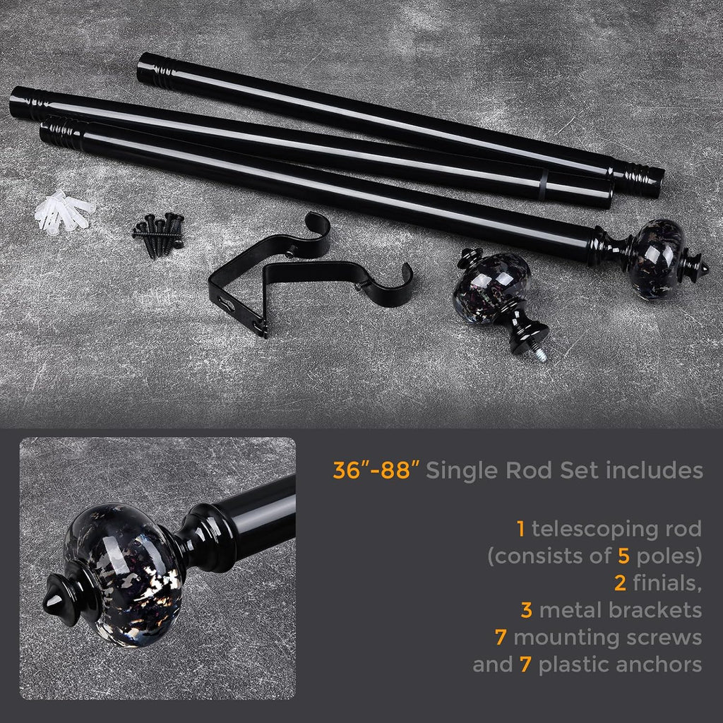 Black Curtain Rod for Windows 48 to 84 Inches, 1'' Heavy Duty Adjustable Modern Drapery Rods with Unique Crystal