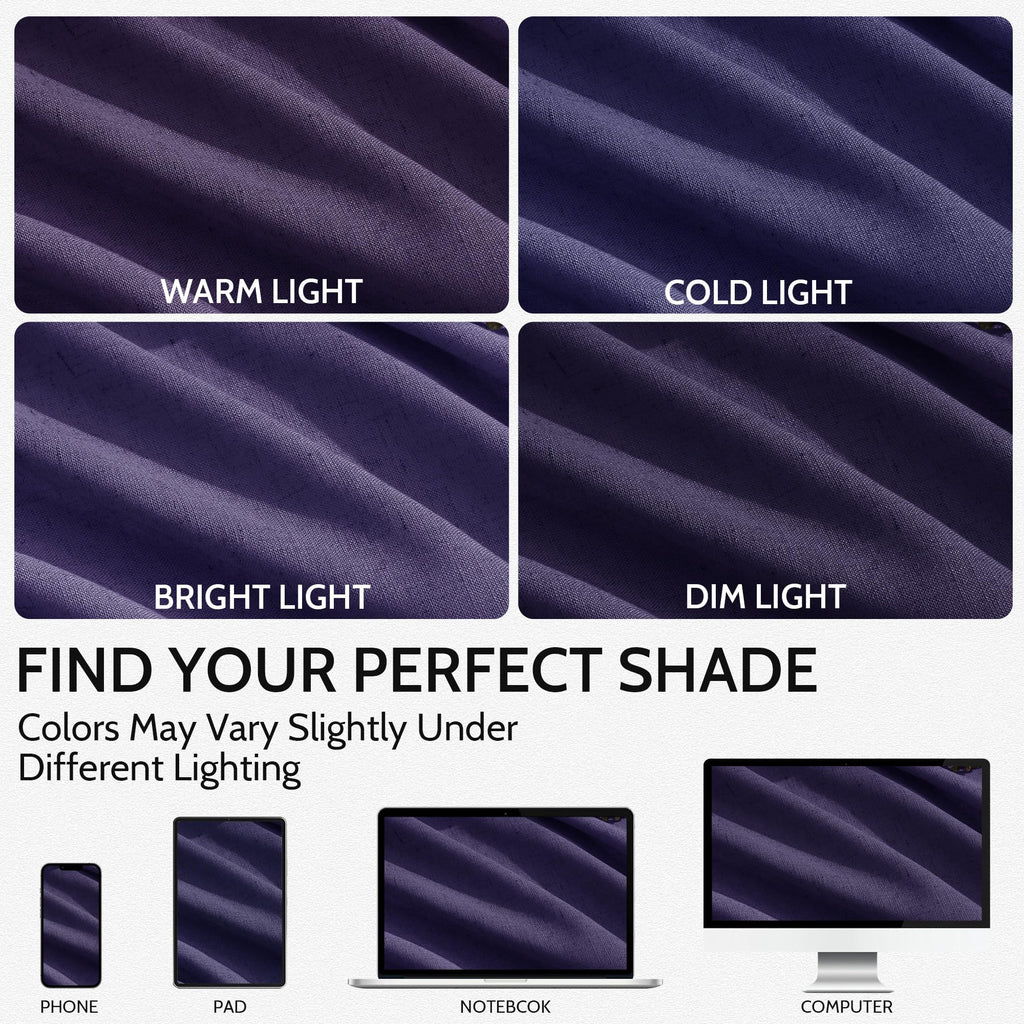Purple Linen Curtains 90 Inch Long 2 Panels Set Living Room, Soft Linen Textured Window Drapes Semi Sheer Light