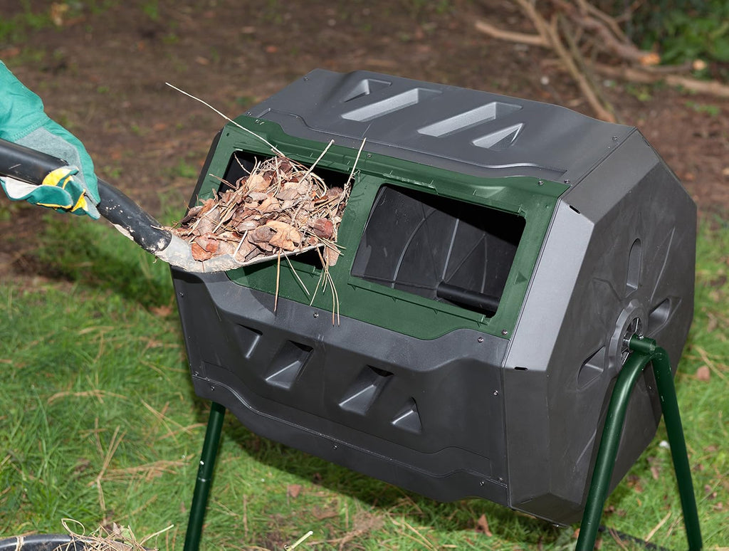 Mr.Spin Compost Tumbler - 160 Liters / 43 Gallon, Dual Chamber Composter On Two-Leg Stand,Green/Black