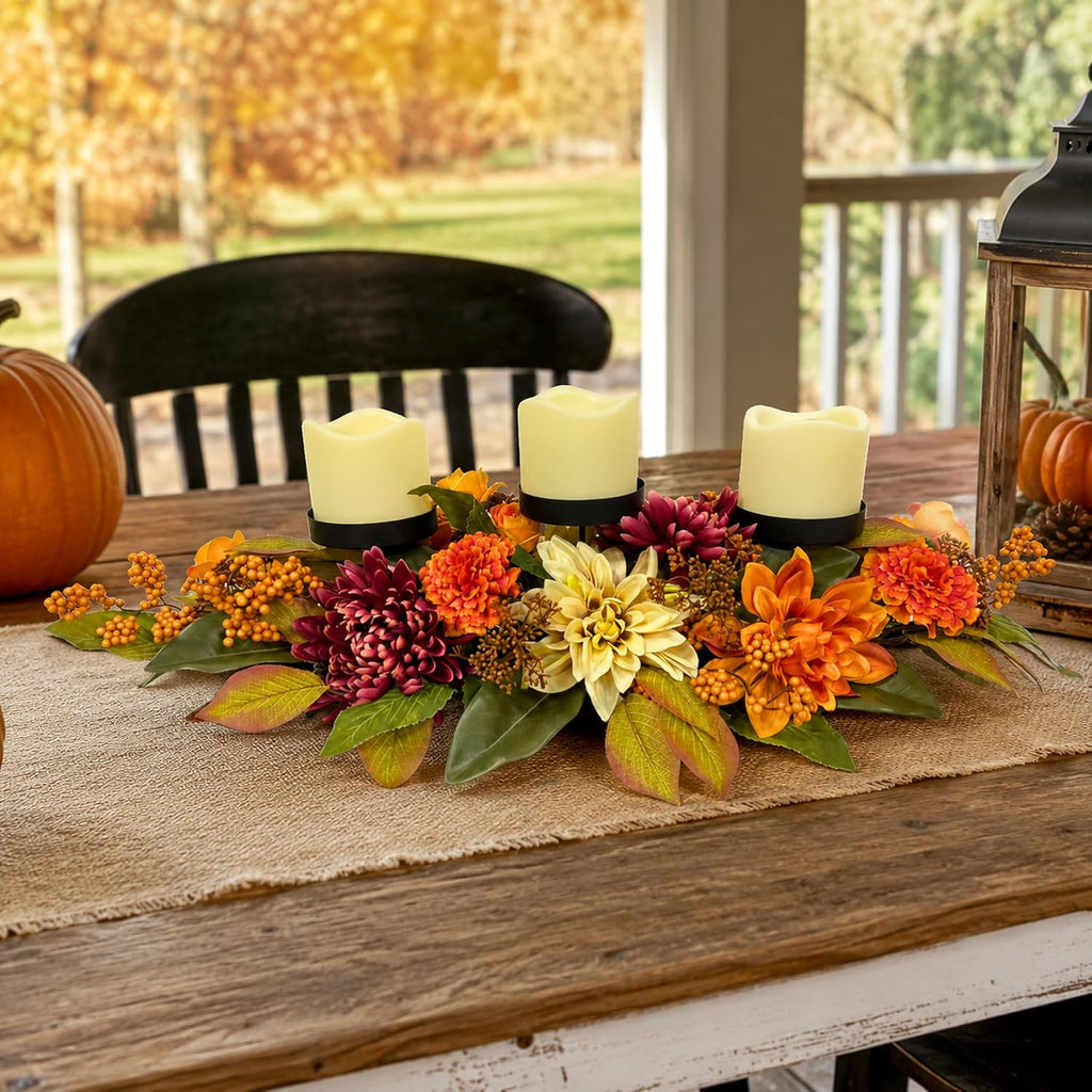 25 Inch Fall 3 Candle Holder Centerpiece with Dahlias and Mums