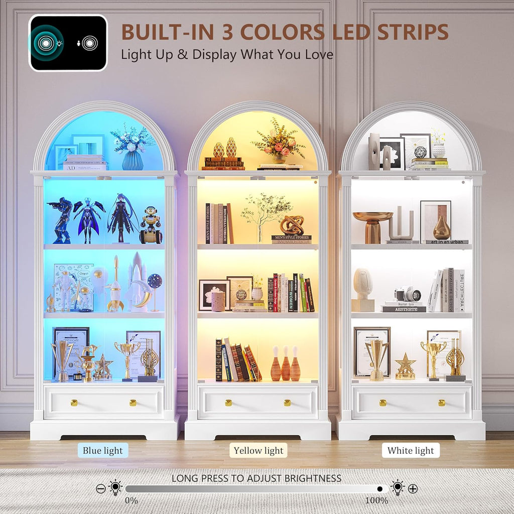 Curio Cabinet with Glass Doors & LED Lights | 72" Tall, Arched Display Cabinet, Human Sensor Lights, 4-Tier Large