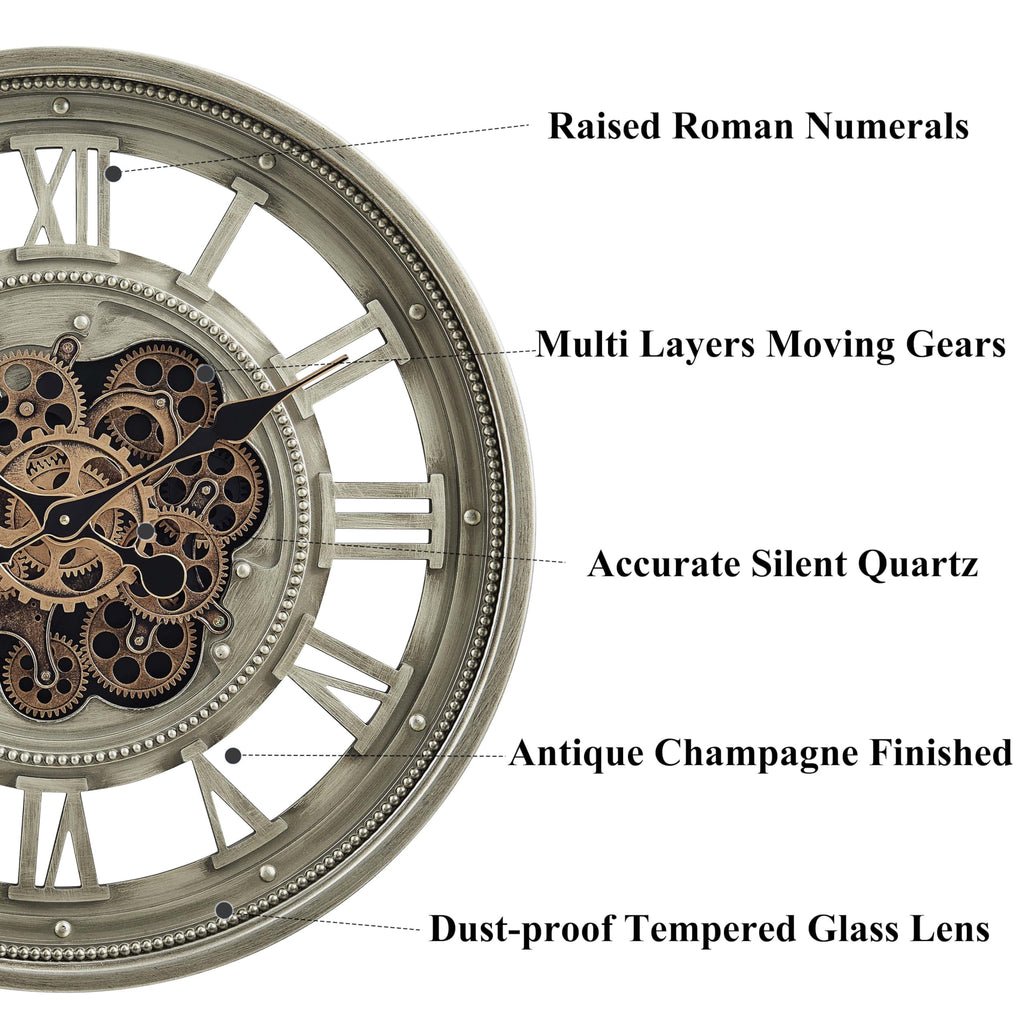 24" Moving Gear Wall Clock, Antique Champagne