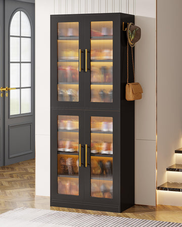 Tall Shoe Storage Cabinet with Acrylic Doors and LED Lights, 8-Tier Shoe Organizer Rack with Adjustable Shelves &