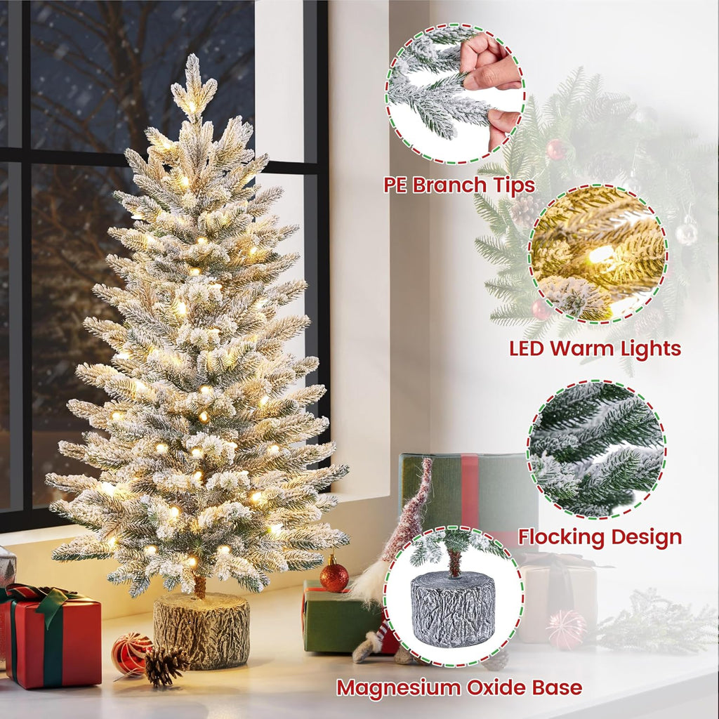 2Pcs Pre-lit Potted Flocked Christmas Tree for Holiday Decoration