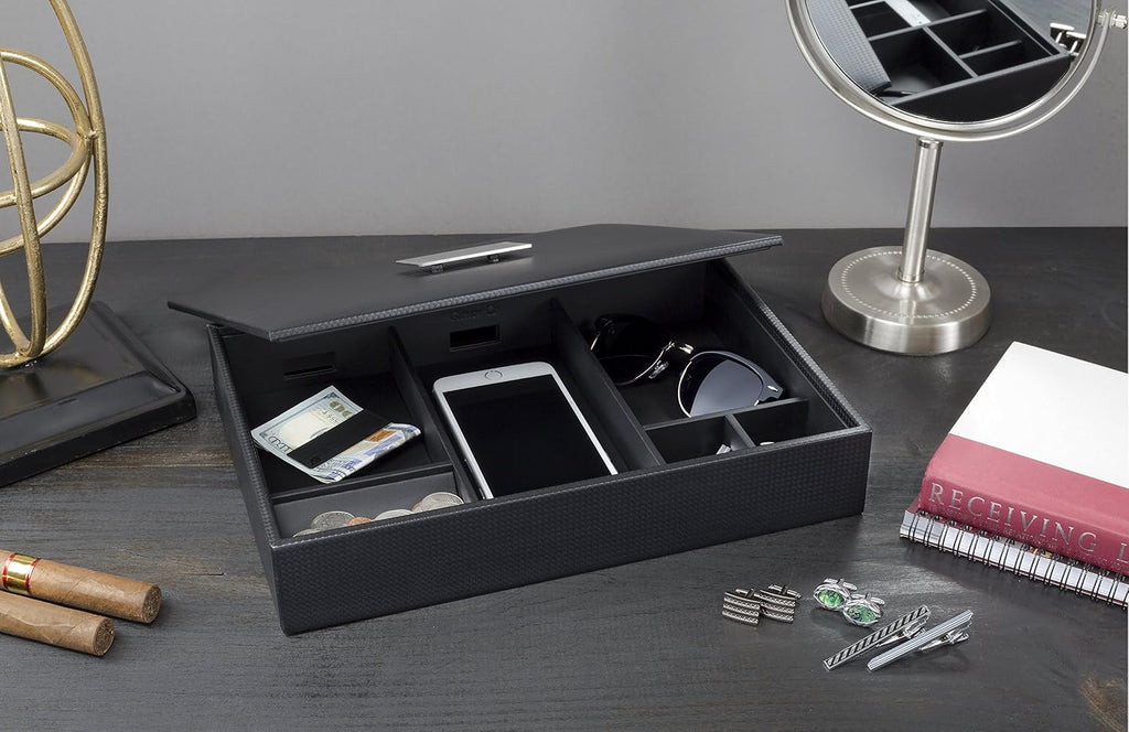 Mens Valet Tray/Dresser Organizer & Lid - 6 Slot Luxury Jewelry Accessories Box, Carbon Fiber Design & Metal Buckle