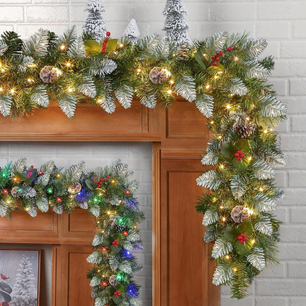 2Pcs 9FT Prelit Artificial Christmas Garland with Color Changing Lights and Timer by Batteries Operated for Mantle