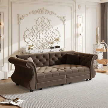 Sleeper Sofa Bed 83.6", Velvet Pull Out Couch, Chesterfield Sofa, Brown