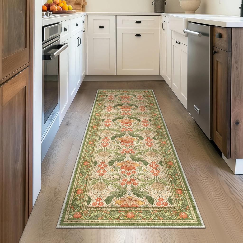 Green & Orange Vintage Floral Runner Rug, Washable