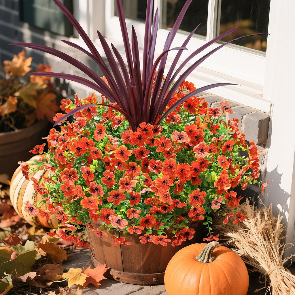 Fall Flowers Artificial Mums for Outdoors Autumn Decor, 12 Bundles Orange Fake Fall Mums with Burgundy Orchid - Set of 13