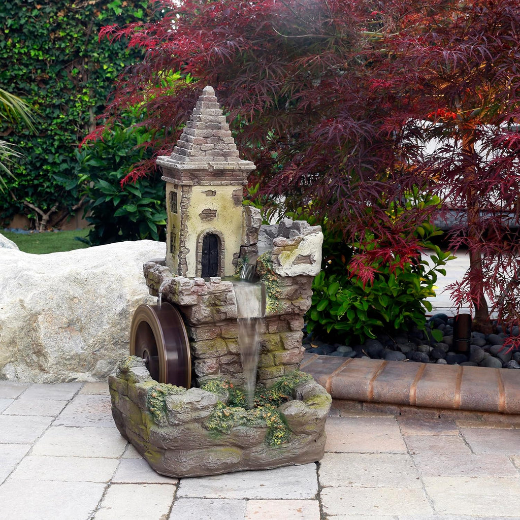 USA1164 Outdoor Floor Tiered Fairy Castle Waterwheel Water Fountain with Realistic Stone Look, 35", Brown