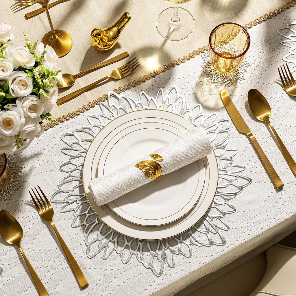 Silver Charger Plates Set of 12 Silver Placemats Table Mats Place Mats & 12 Pcs Coasters Modern Christmas Holiday