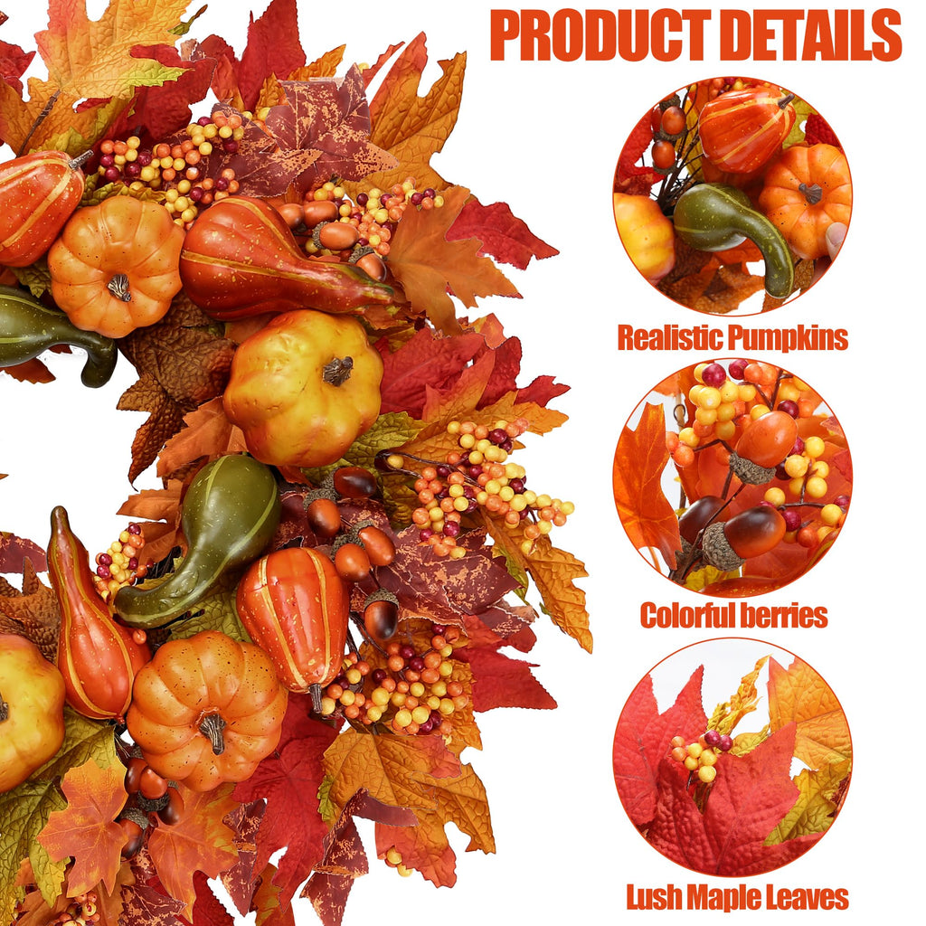 Fall Wreath 23'' Artificial Autumn Front Door Wreath with Large Pumpkins Clusters of Berries Maple Leaves Acorn for