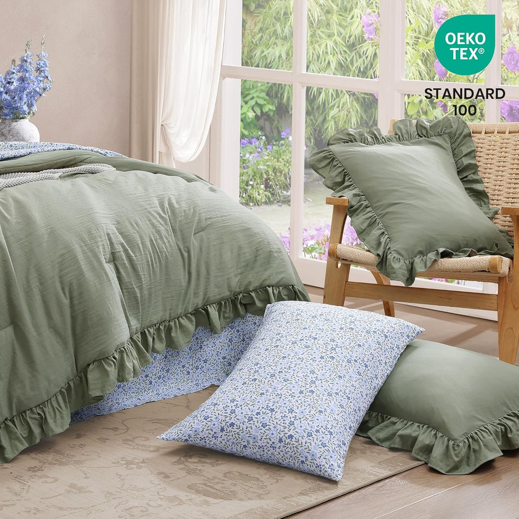 Queen Comforter Set - 7 Pieces Ruffle Sage Green Bedding Sets