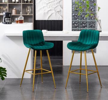 Velvet Barstools Set of 2, Green Bar Height Chairs Set of 2 with Gold Legs, 29 inch Seat Height Comfortable Island