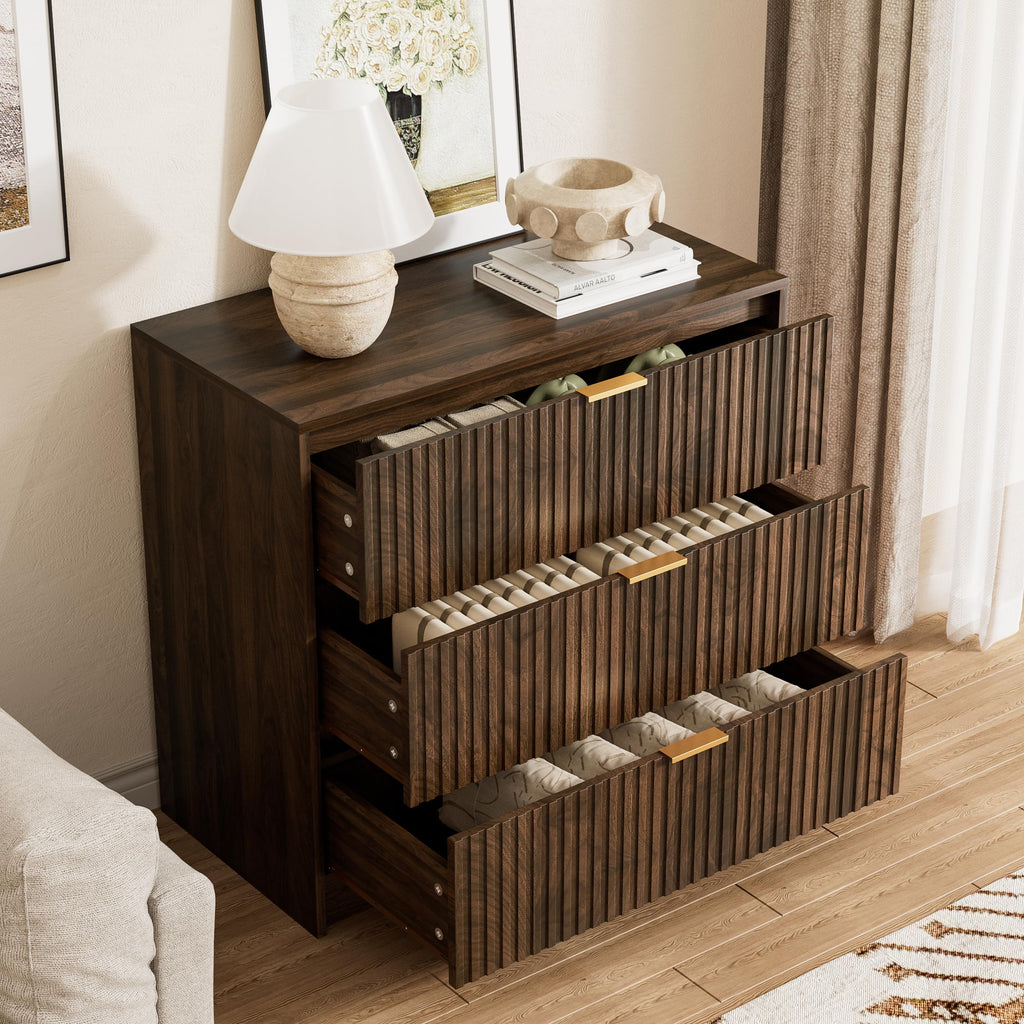 Fluted 3 Drawer Dresser, 31.5" Wide Chest of Drawers, Walnut