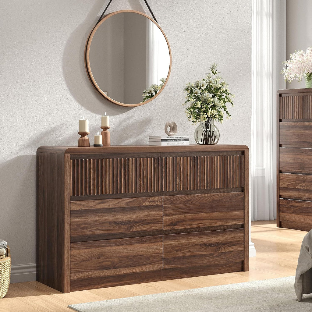 Fluted 6 Drawer Dresser , 50" Wide Dresser & Chest of Drawers with Curved Profile Design, Wood Mid Century Dressers