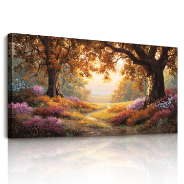 Large Fall Wall Art, Forest Landscape Canvas Painting 29"x57"