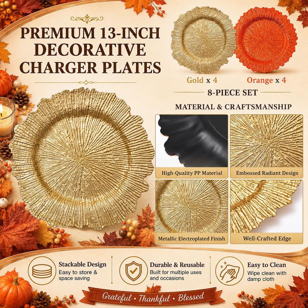 8 Pack 13" Gold and Orange Fall Colors Charger Plates