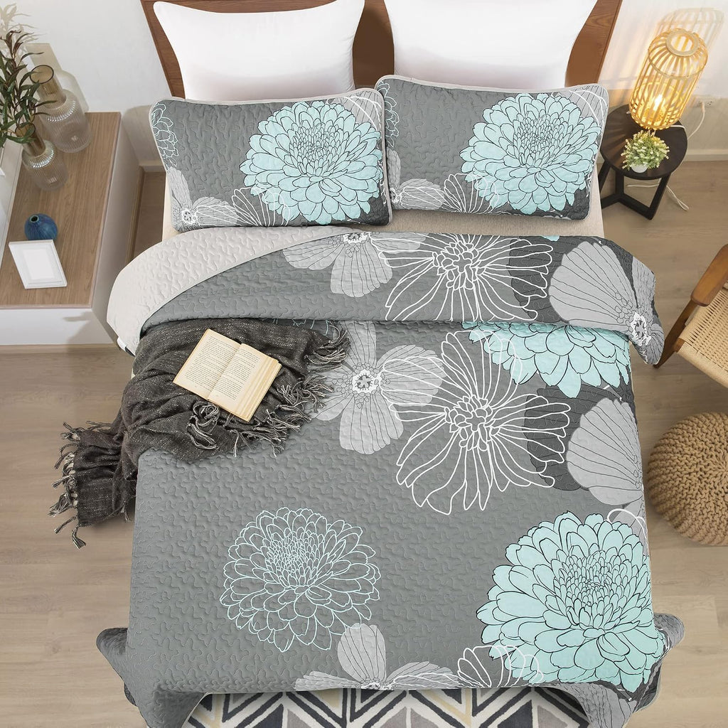 Green Floral Queen Quilt Set - 3 Pieces Boho Flower Quilt Coverlet Elegant Bohemian Bedspread with 2 Pillowcases Soft