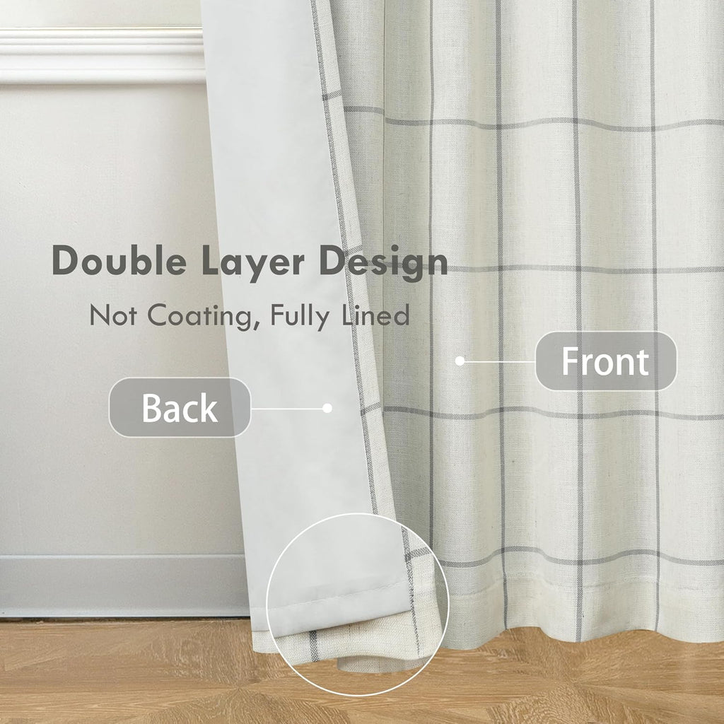 100% Blackout Windowpane Plaid Linen Curtains Double Layer Farmhouse Drapes 96 Inches Long for Living Room Bedroom