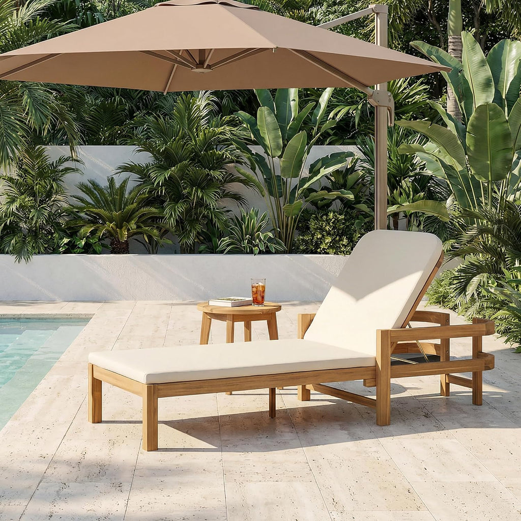 Outdoor Acacia Wood Chaise Lounge with Adjustable Backrest & Water-Resistant Cushion, 4-Position Patio Recliner