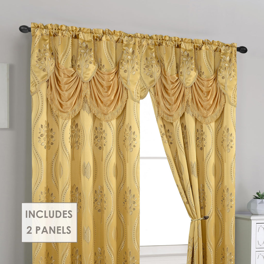 Aurora Jacquard Look Curtain Panel Set with Attached Valance 54" X 84 inch (Set of 2), Gold