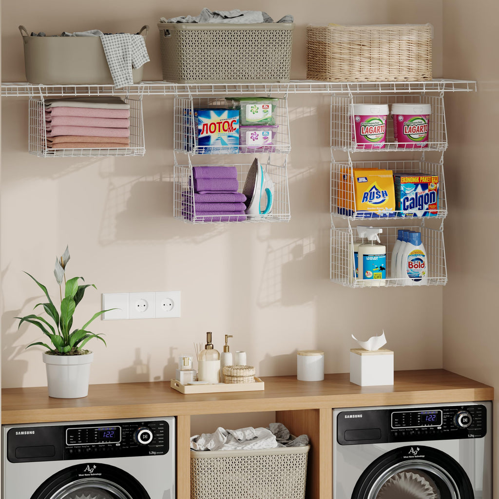 3-Tier Hanging Laundry Basket Organizer:Foldable Wire Shelf Laundry Room Organizer with 360°Rotating Hooks Small