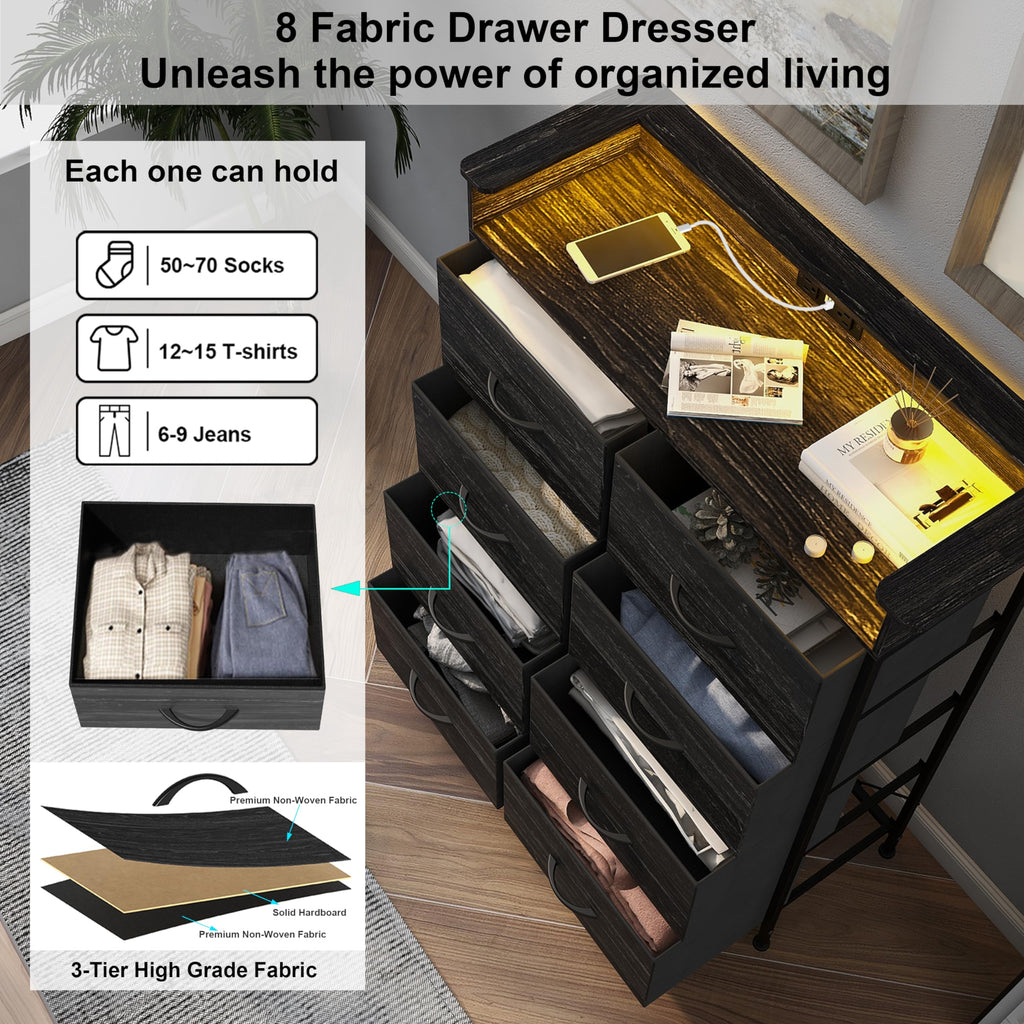 Fabric Dresser with LED Light and Charing Station Tall Dressers with 8 Drawers Black Dresser & Chest of Drawer for