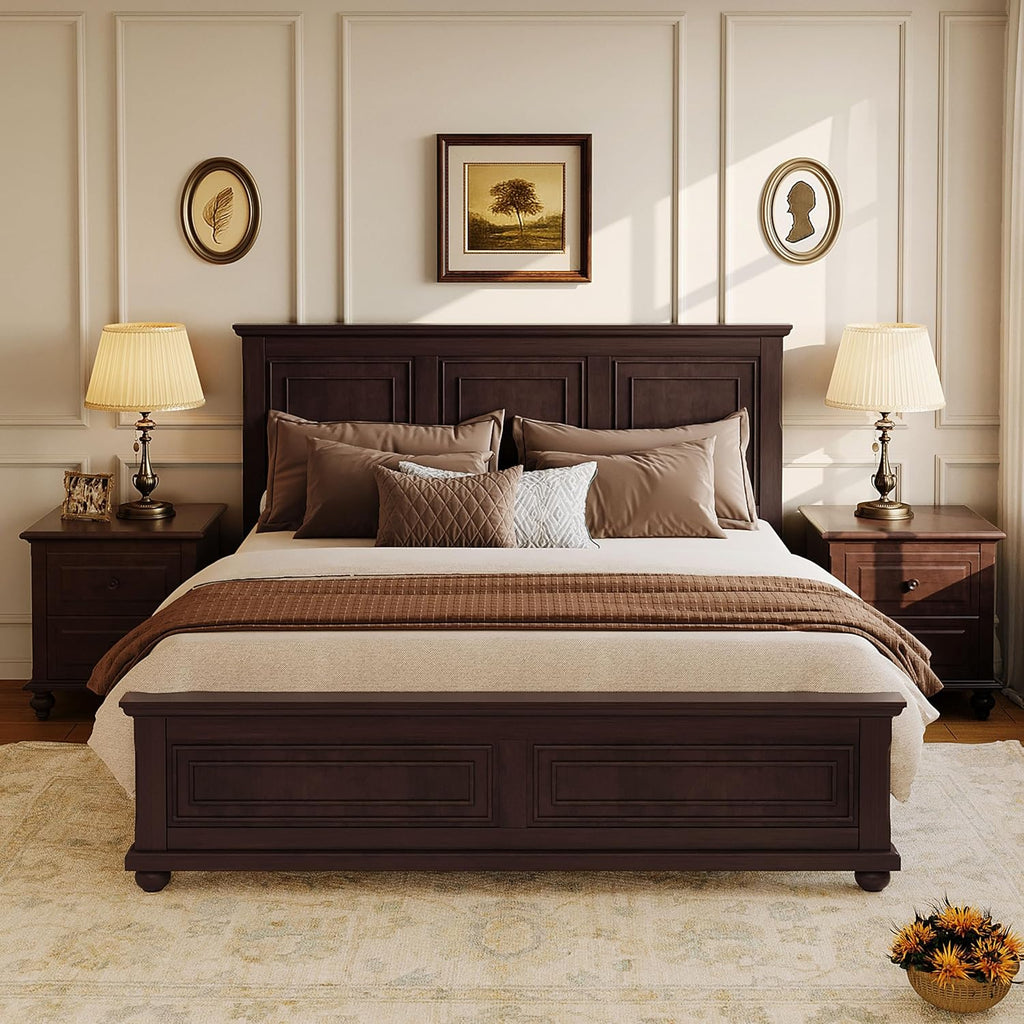 Mid Century Wood Platform Bed Frame, Queen Bed Frame with Headboard, Footboard & Wooden Slats Support, No Box Spring
