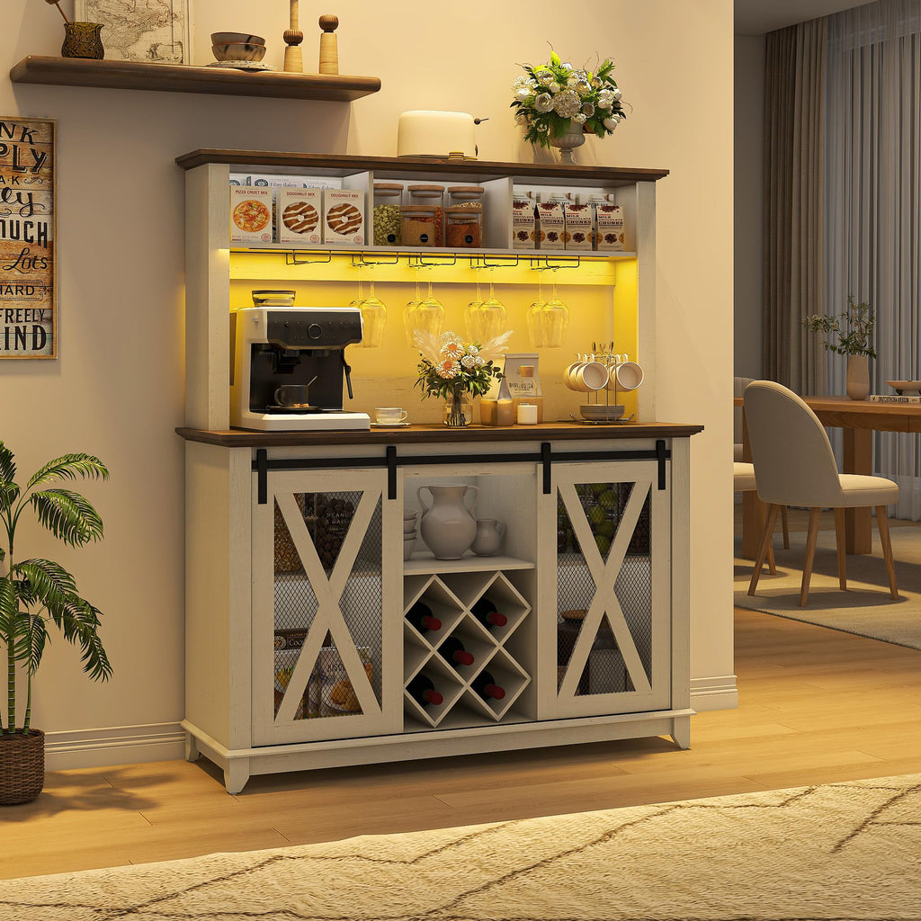 47" Wide 56" H Farmhouse Coffee Bar Cabinet with Power Outlet and LED Light, Wine Bar Cabinet w/3 Storage Hutch(White)