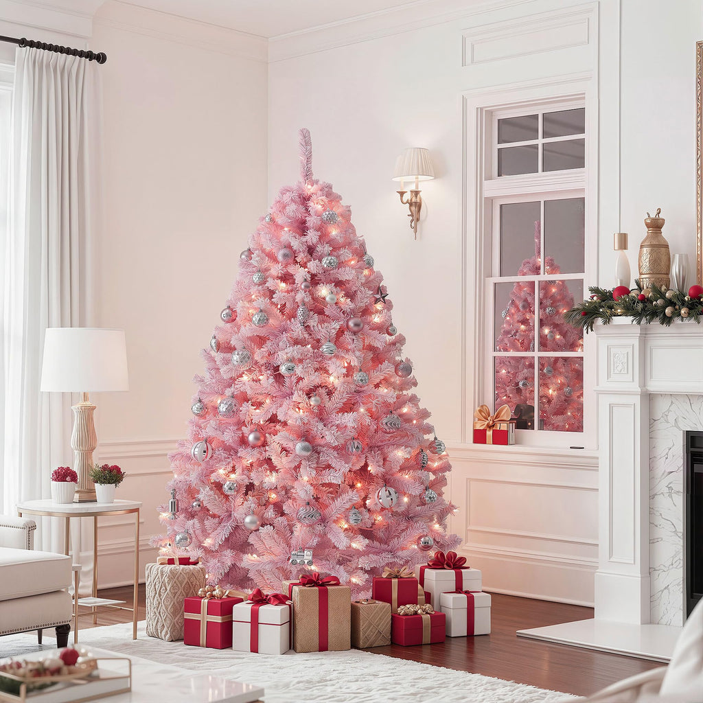 4.5ft Prelit Pink Flocked Christmas Tree w/ 200 Warm White Lights
