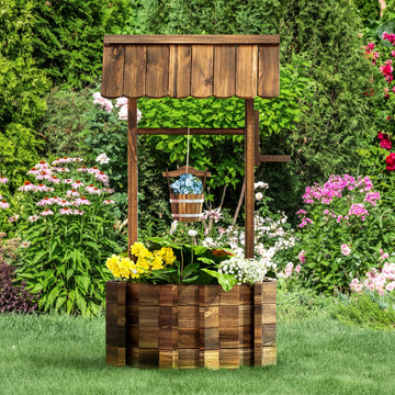 22" Wooden Wishing Well Planters with Hanging Bucket