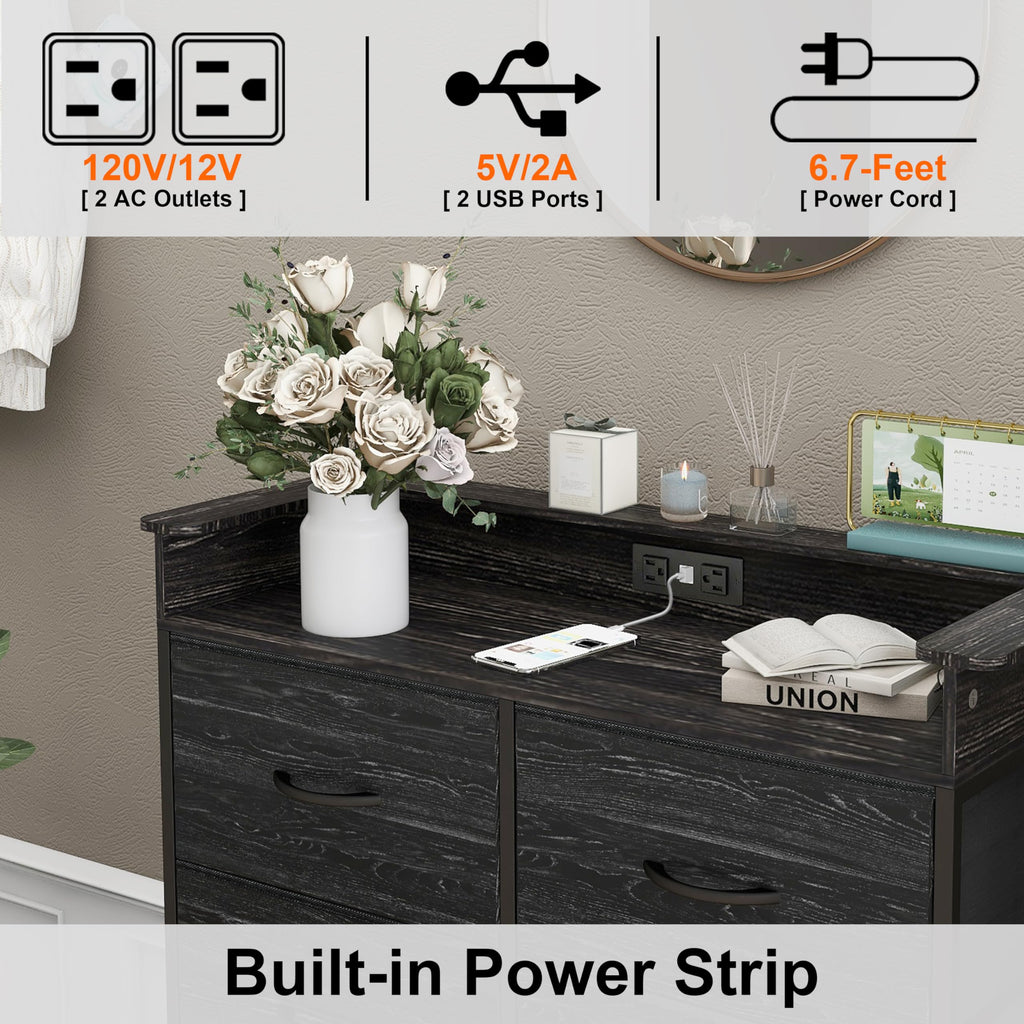 Fabric Dresser with LED Light and Charing Station Tall Dressers with 8 Drawers Black Dresser & Chest of Drawer for