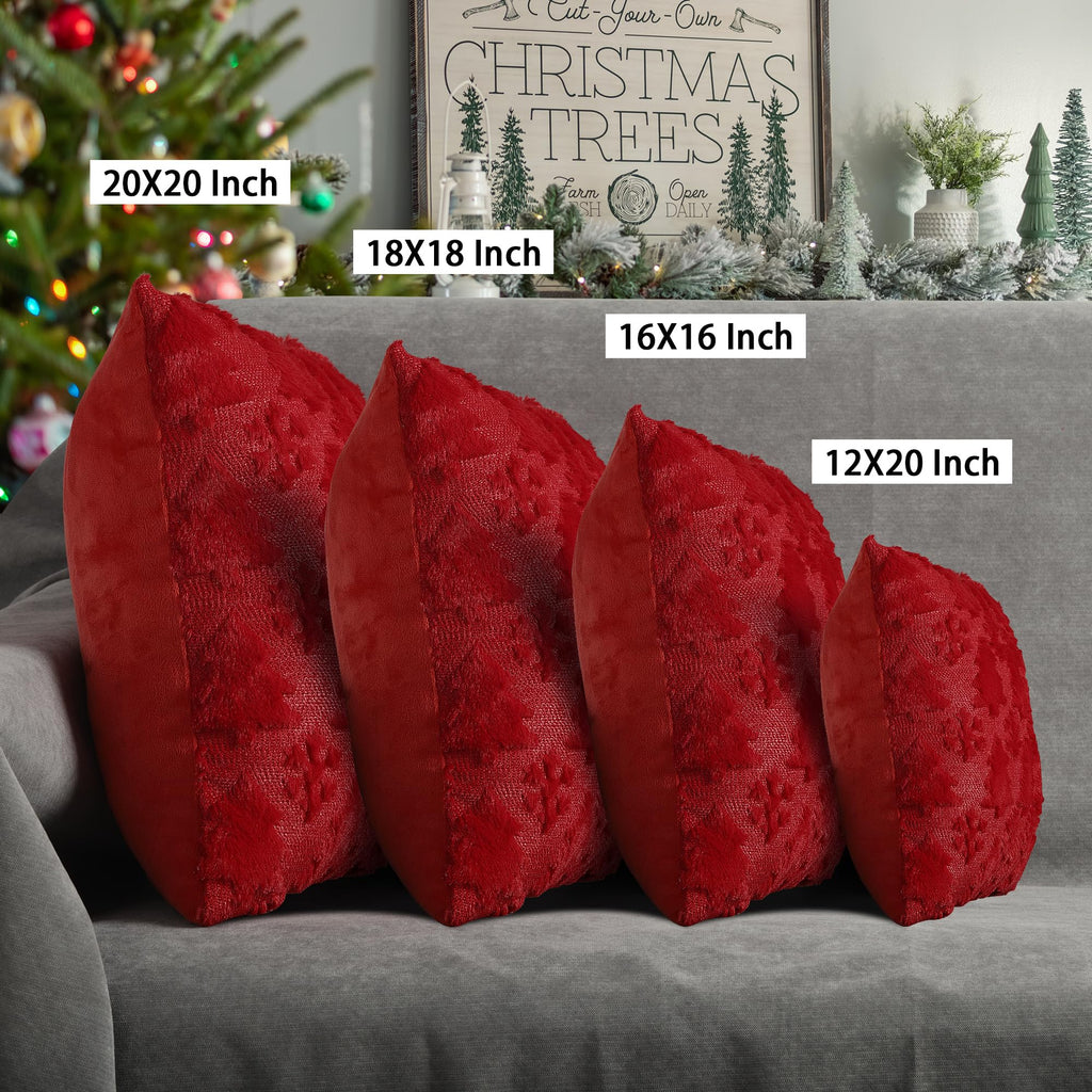 Christmas Snowflake Tree Decorative Pillow Covers 18x18 Set of 2, Red Soft Plush Faux Fur Farmhouse Throw Cushion