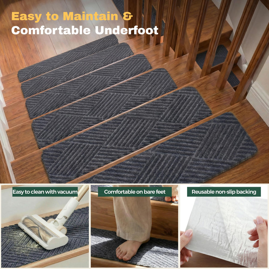 Woven Stair Treads for Wooden Steps, 15 Pack, 8" x 30", Dark Gray
